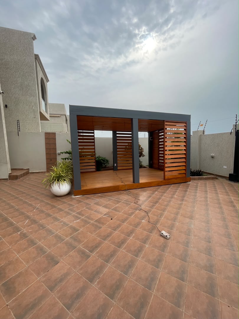 Modern timber garden pavilion pergola with planters